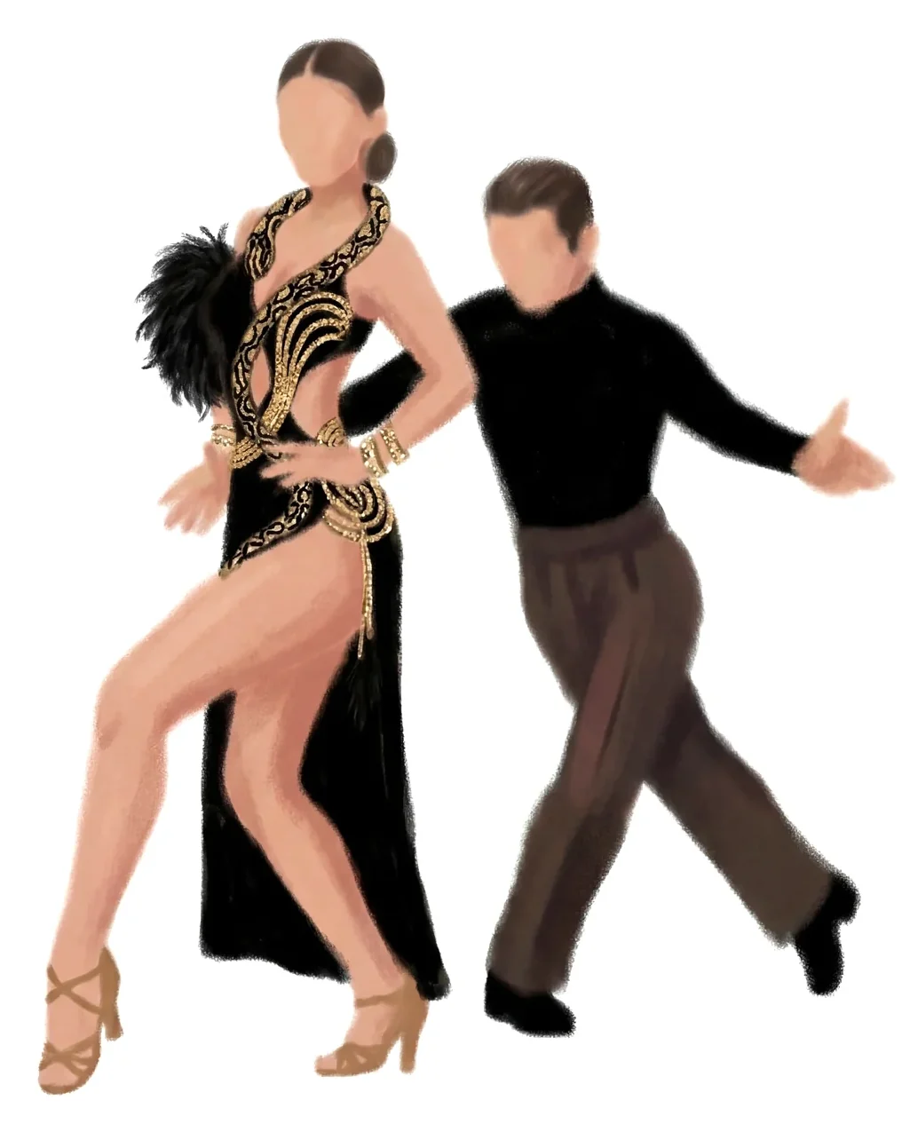 Dancer in a black and gold dress with her partner, Room 203 brand illustration