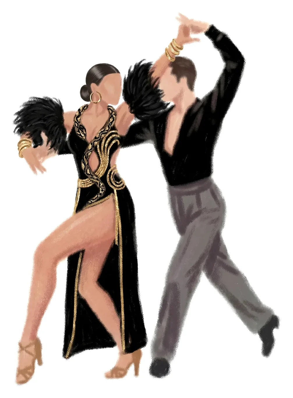 Couple in a black feathered dress and open shirt, Room 203 brand illustration